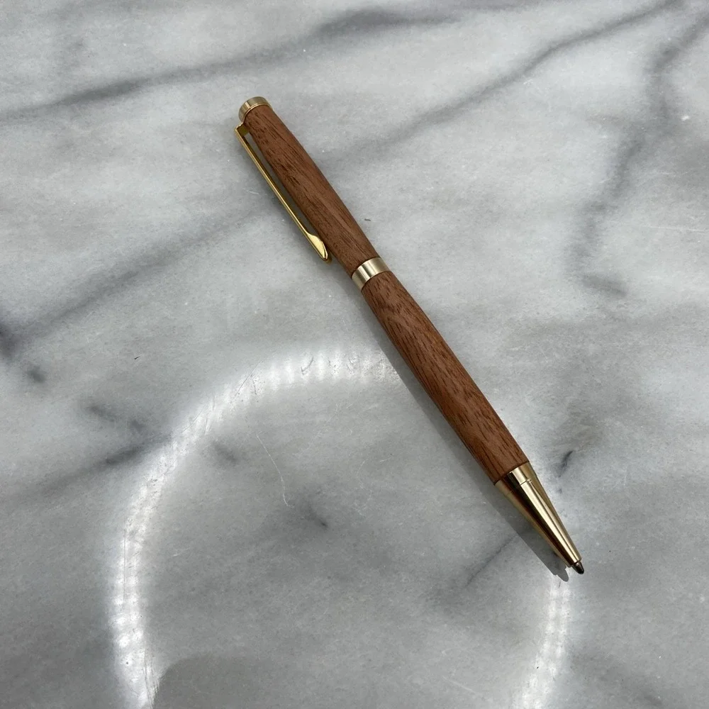 Elegant Slimline Handmade Wooden Ball Point Twist Blue Pen W/ Gold Plated Trim